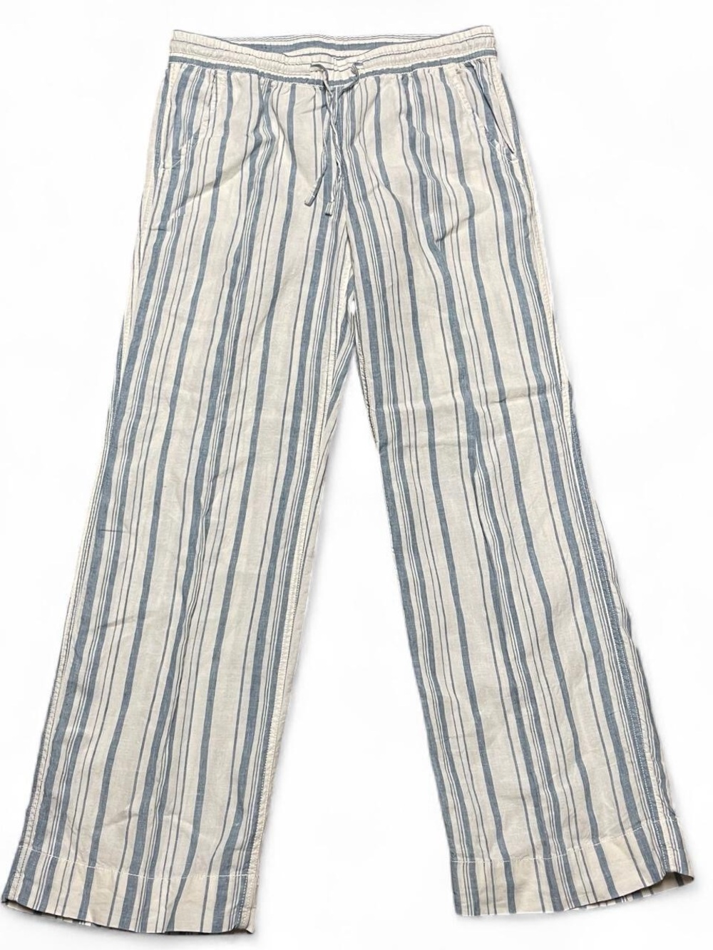 LL Bean Pants Womens 10 M/T Blue Pinstriped 100% Linen Pull-On Classic Wide Leg
